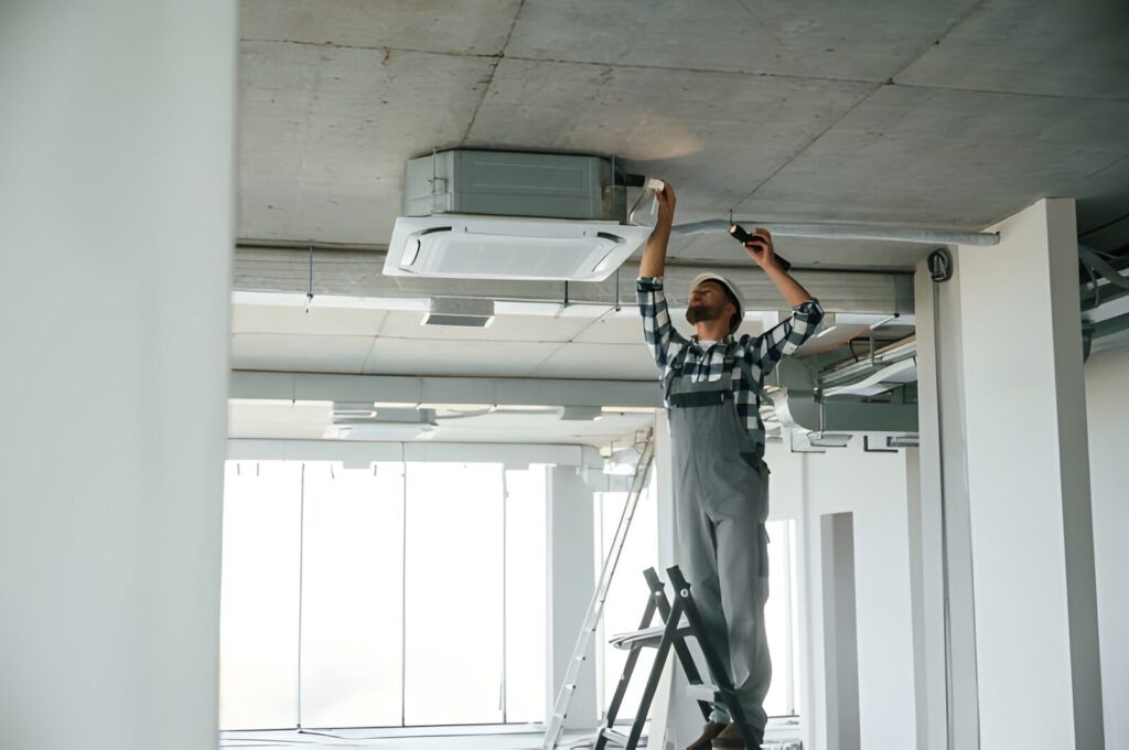 Enhance Your Comfort: Improve Home Ventilation for Fresh Air Setting the ventilation system. Repairman in uniform is in the unfinished building.