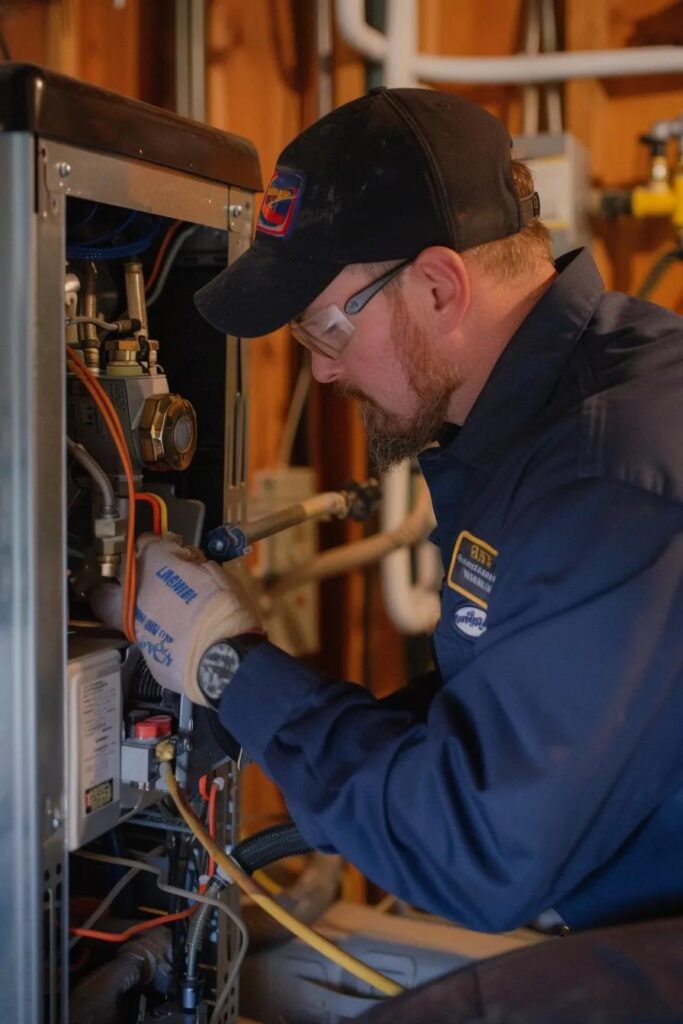 Wylie Mechanical technician performing furnace maintenance in a home
