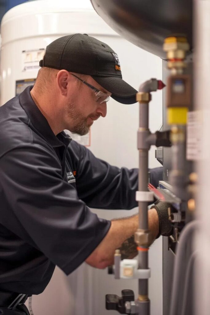Fix Common Traditional Water Heater Problems - Expert Tips Technician performing routine maintenance on a traditional tank water heater to improve performance and safety