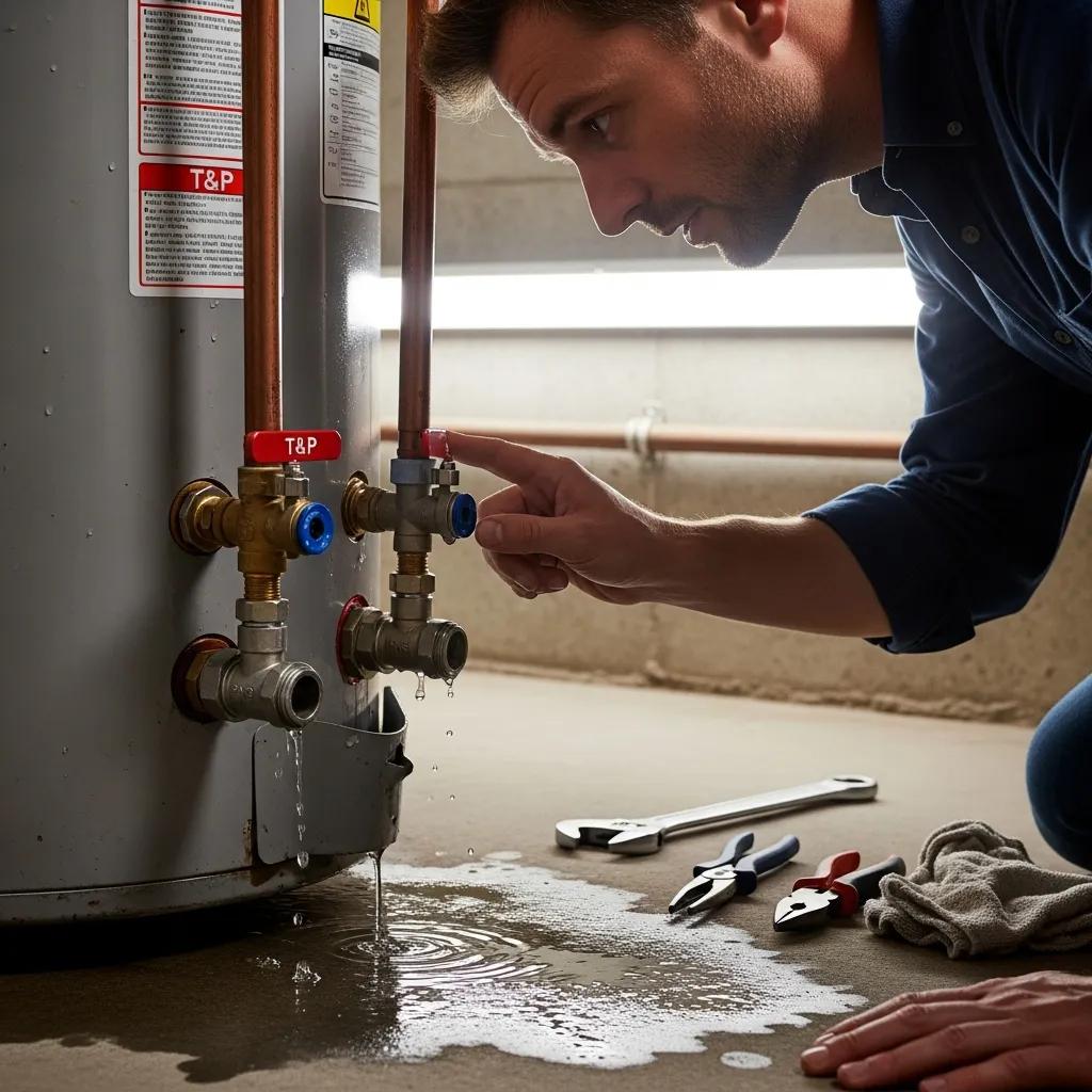 Homeowner checking a traditional tank water heater for leaks around the T&P and drain valves